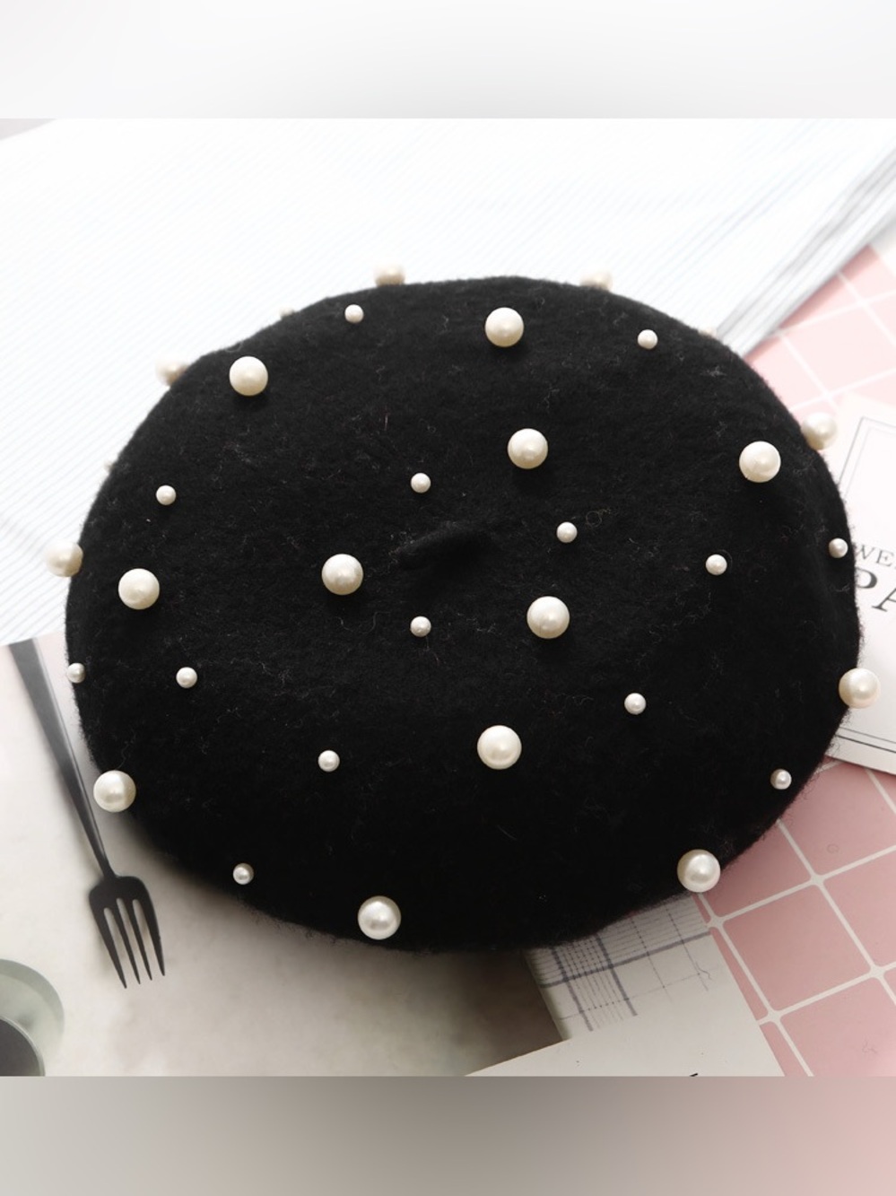Black Wool Beret with Pearl Embellishments